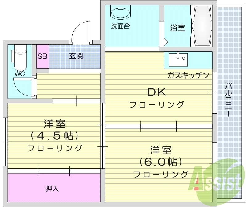 2DK、バルコニー、独立洗面台、エアコン付き