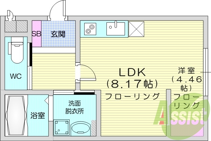 1DK、浴室乾燥機、独立洗面台、室内物干し
