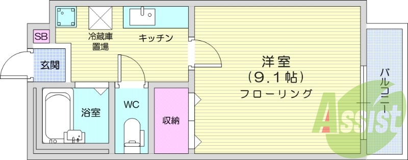 1K、都市ガス、モニター付きインターホン、エアコン