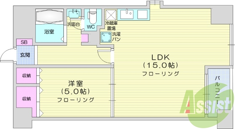 1LDK、都市ガス、バストイレ別、洗面台独立