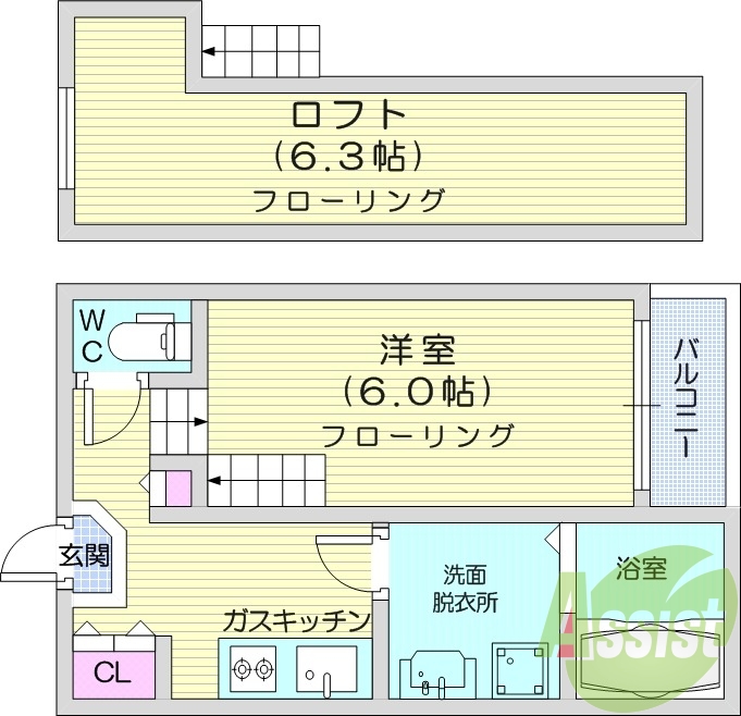 1Ｋ＋ロフト、バルコニー、脱衣所、バストイレ別