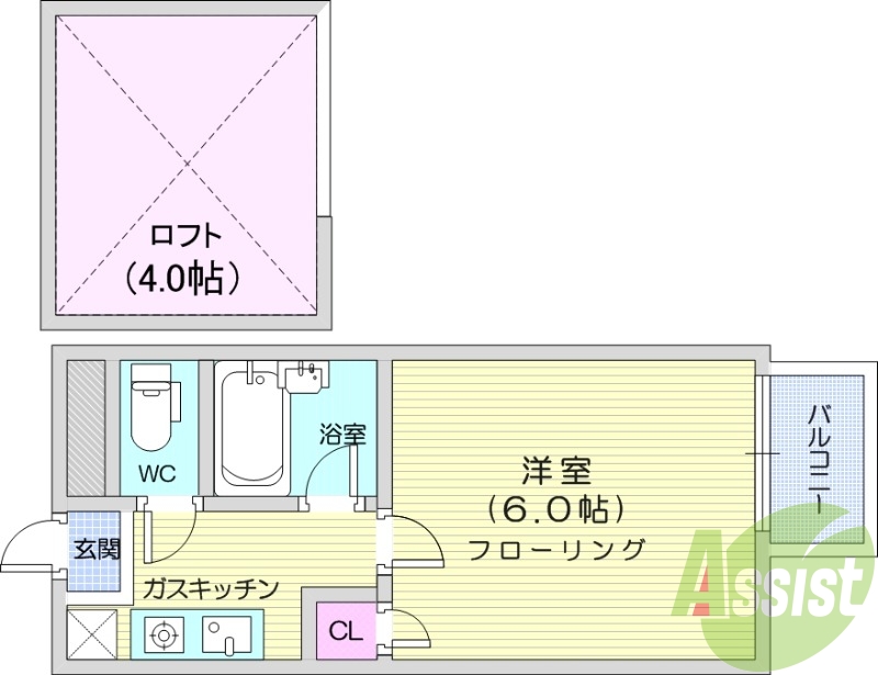 １K、エアコン、ロフト、フローリング、バストイレ別