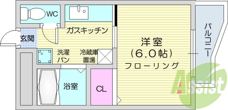 1K、都市ガス、バストイレ別、バルコニー、収納スペース