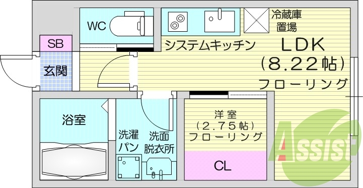 1DK、浴室乾燥機、独立洗面台、室内物干し