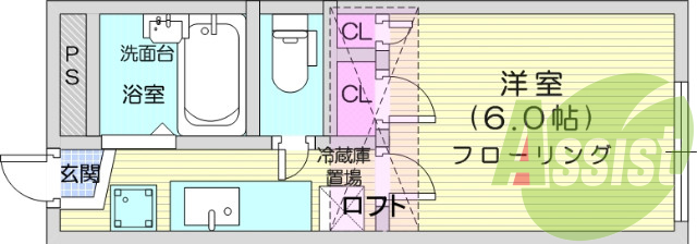 1K、ロフト、ウォシュレット付きトイレ、エアコン