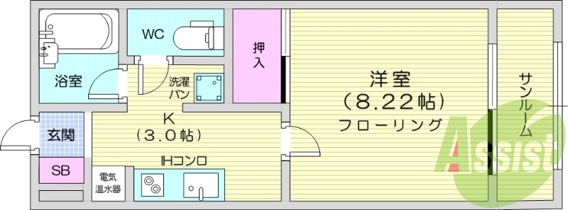 1K、バストイレ別、浴室乾燥機、オール電化、宅配ボックス