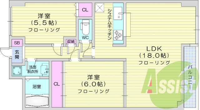 2LDK、システムキッチン、オートロック、都市ガス、エアコン