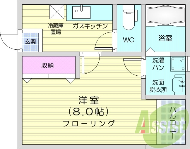 1K、独立洗面台、バルコニー、インターネット対応