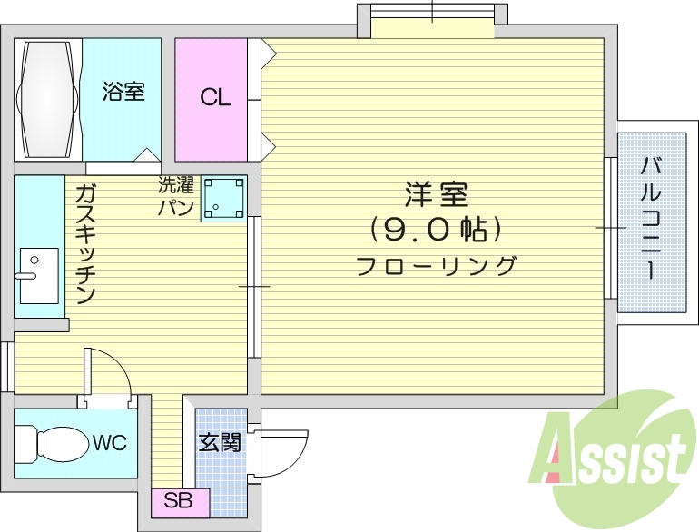 １K、フローリング、エアコン、クローゼット