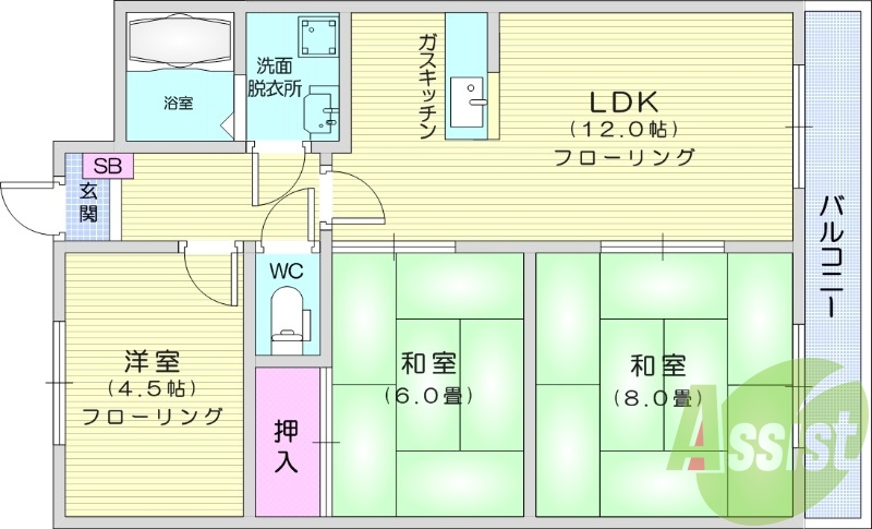 3LDK、都市ガス、和室、バストイレ別、バルコニー、給湯