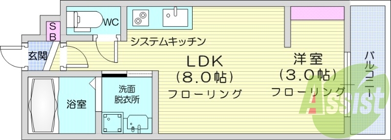 1LDK、エアコン、システムキッチン、浴室乾燥機