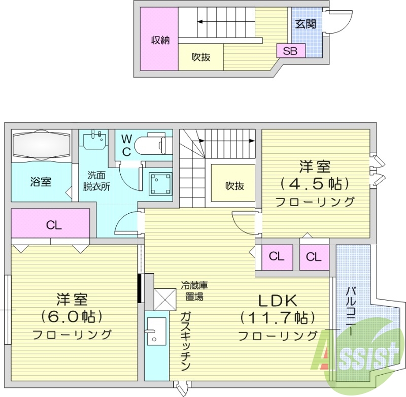 2LDK、独立洗面台、モニター付きインターホン
