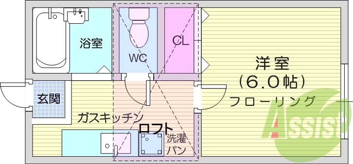 1K、インターネット無料、ロフト付き、B・T別