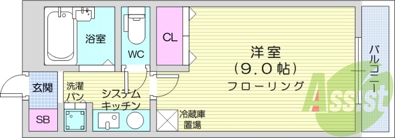 1Ｋ、バストイレ別、都市ガス、モニタ付きインターホン