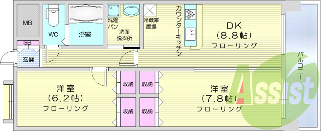 2DK、エアコン2台、防犯カメラ、モニター付きオートロック