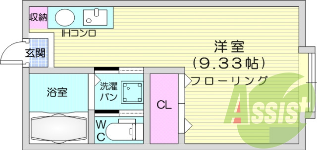 １R、バス・トイレ別、エアコン、クローゼット、バルコニー