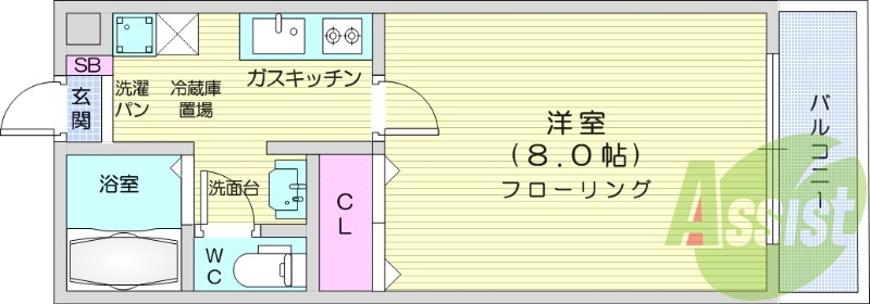 １Kのお部屋です！独立洗面台が付いていますので嬉しいですね！