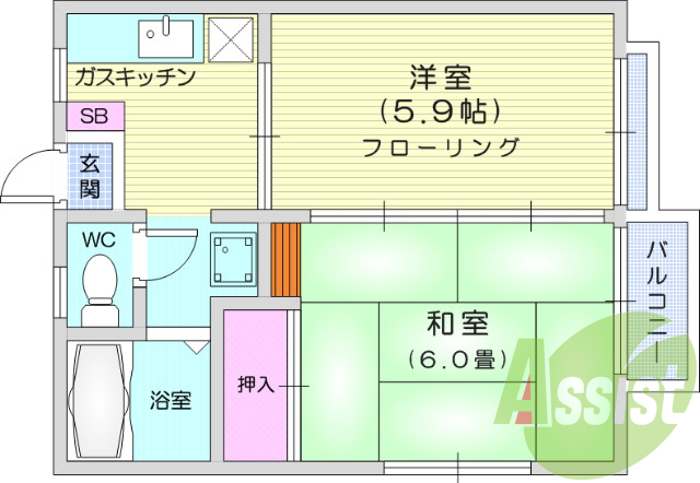 ２K、都市ガス、南向き、インターネット無料、バルコニー