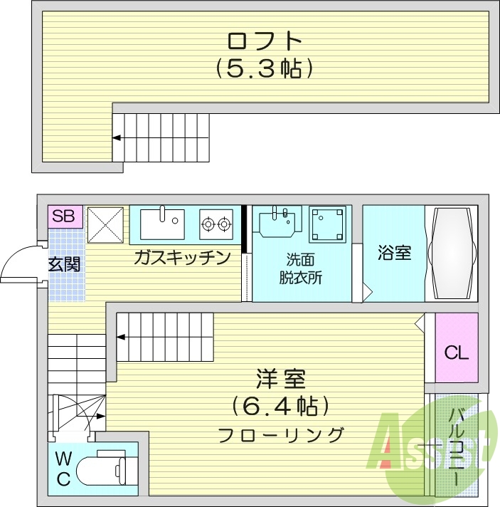 1K、ロフト付き、システムキッチン、バストイレ別、エアコン