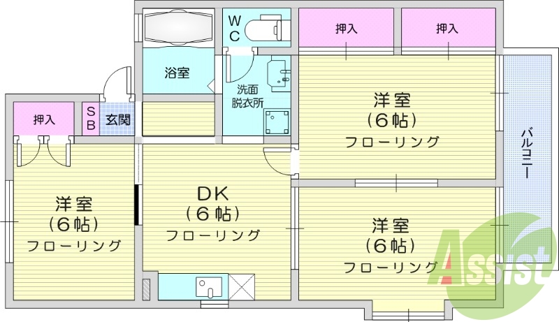 3DK、2階、南向き、追い焚き、モニター付きインターフォン