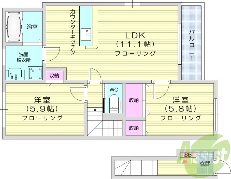 2LDK、ネット無料、独立洗面台、エアコン、室内洗濯機置き場