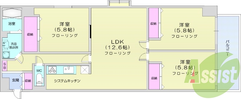 3LDK、TVインターホン、エアコン付き