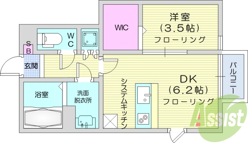 1DK、バルコニー、浴室乾燥機、独立洗面台