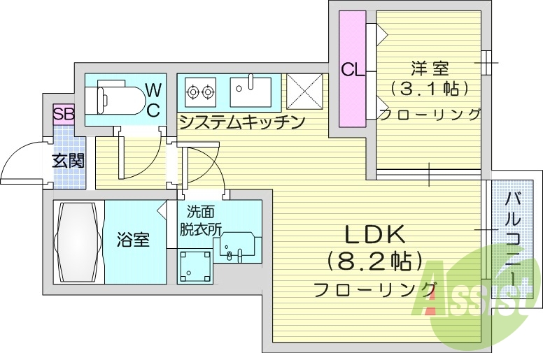 1LDK、エアコン、室内洗濯機置場、洗濯機置場、トイレ浴室別
