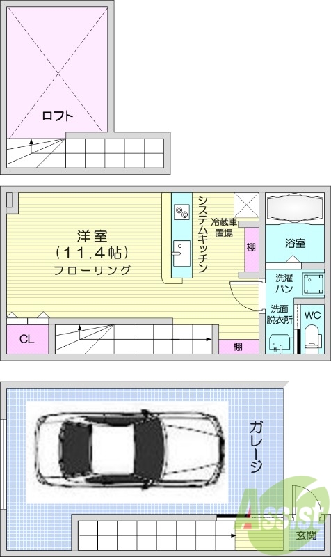 1R、ガレージ、ロフト、ネット無料、IH、浴室乾燥、追炊き