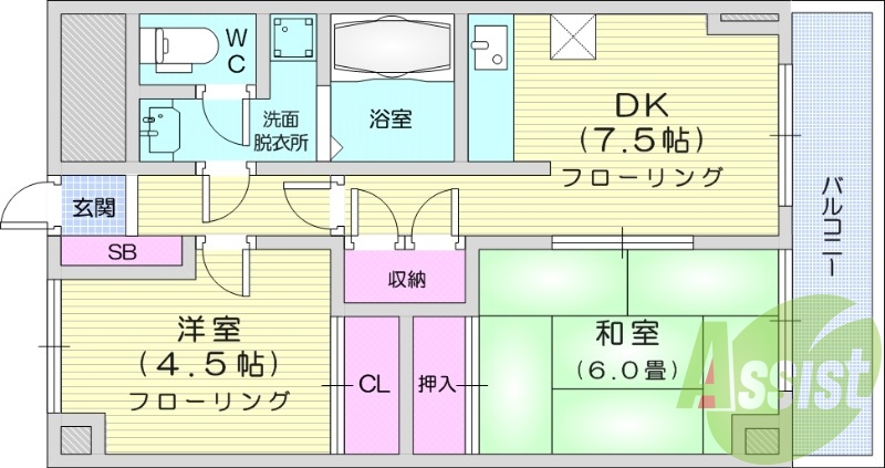 2DK、マンション、バストイレ別、オートロック、独立洗面台