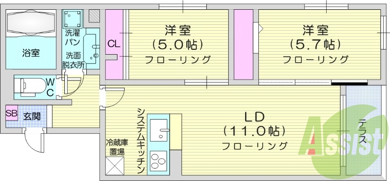 2LDK、オートロック、浴室乾燥機、エアコン