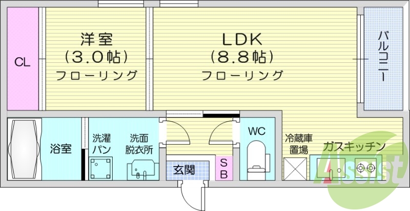 1LDK、フローリング、モニター付きインターホン、浴室乾燥機