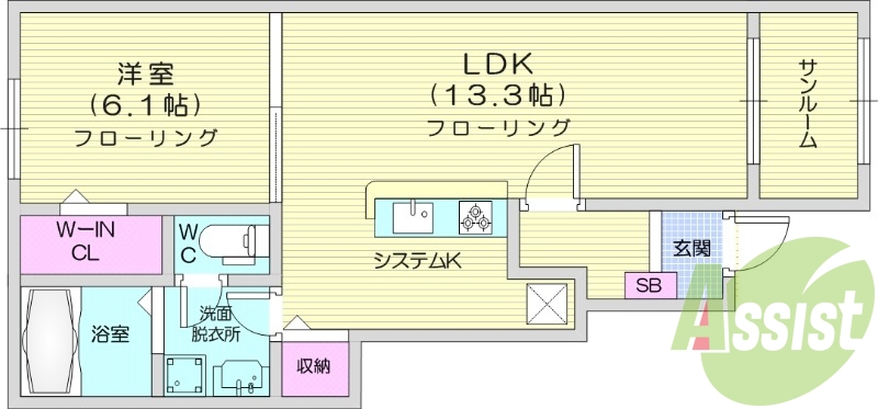 1LDK、インターネット無料、ウォークインクローゼット付き