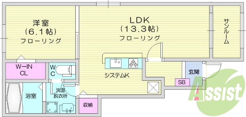 1LDK、インターネット無料、ウォークインクローゼット付き