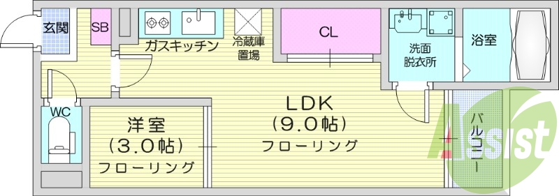1LDK、浴室乾燥機、追い焚き、独立洗面台