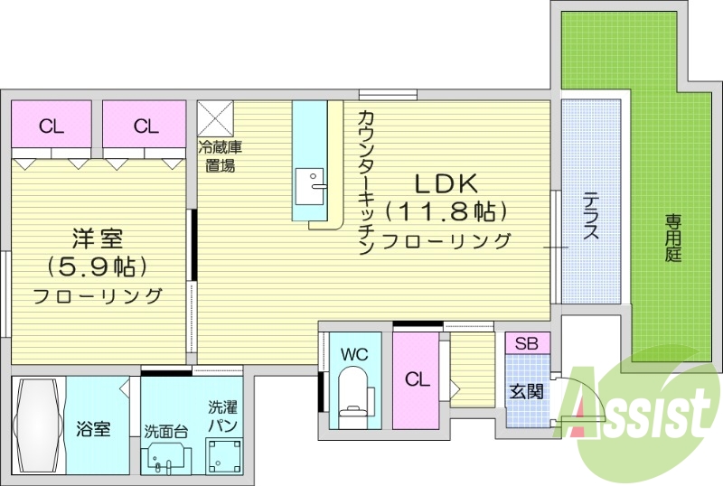 1LDK、追い炊き機能浴室乾燥機、TV付インターホン