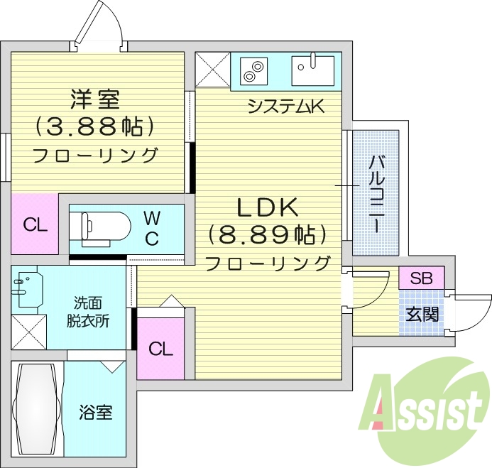 1LDK、フロリーーング、モニター付きインターホン