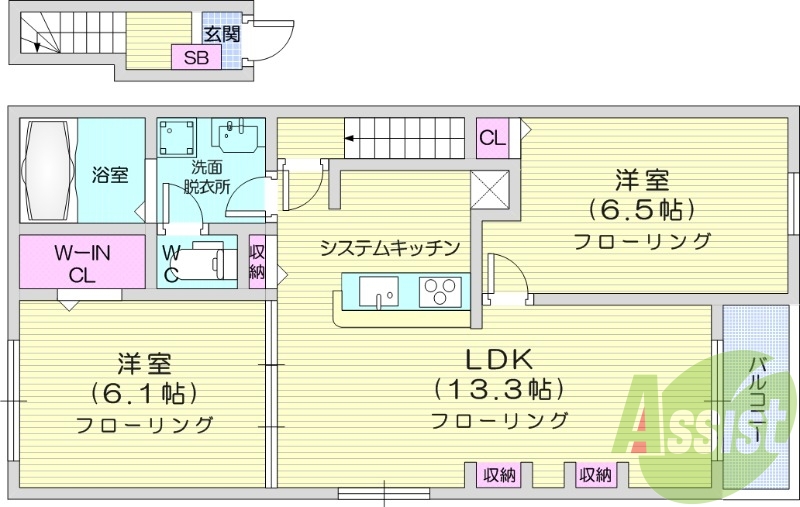 2LDK、インターネット無料、ウォークインクローゼット付き