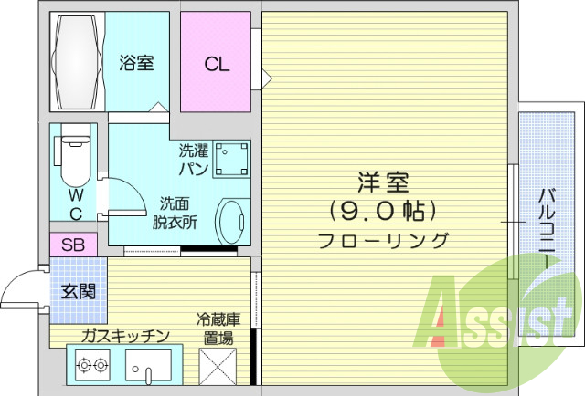 １K・エアコン、TVインターホン、居室照明、脱衣所