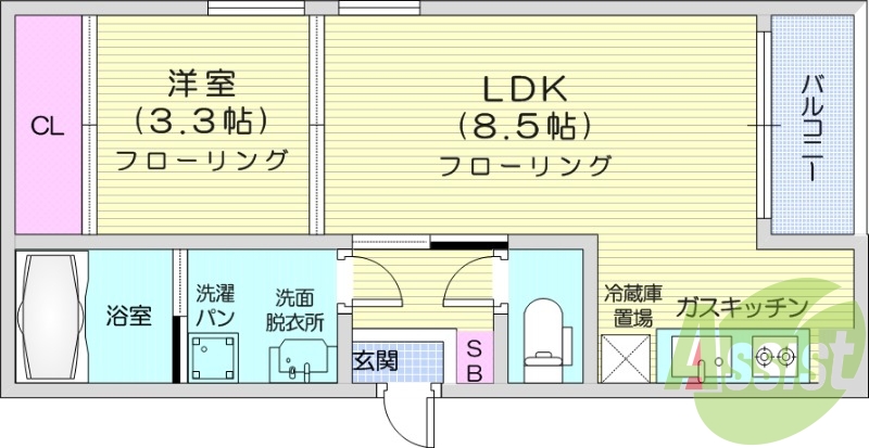 1LDK、フローリング、モニター付きインターホン、浴室乾燥機