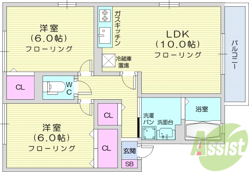 2LDK、南向き、独立洗面台、温水洗浄便座、物置、BS