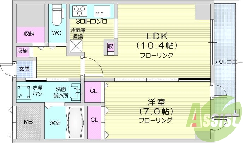 1LDK、エアコン、IH、トランクルーム、システムキッチン。