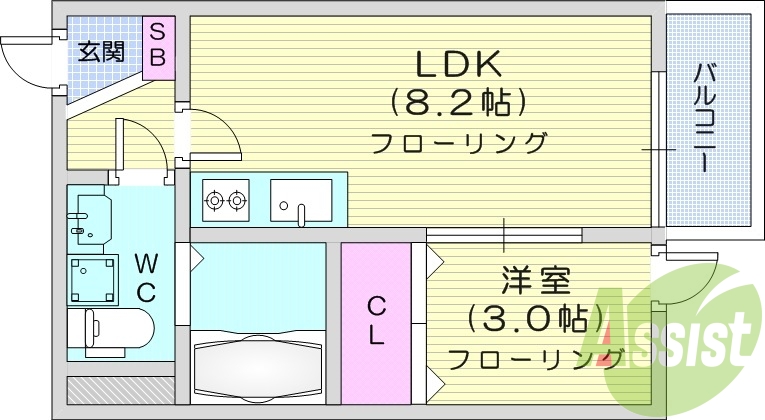 1LDK、独立洗面台、エアコン、バルコニー