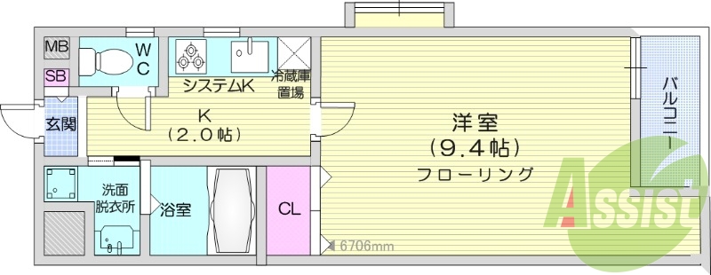 １K、バルコニー、バス・トイレ別、システムキッチン