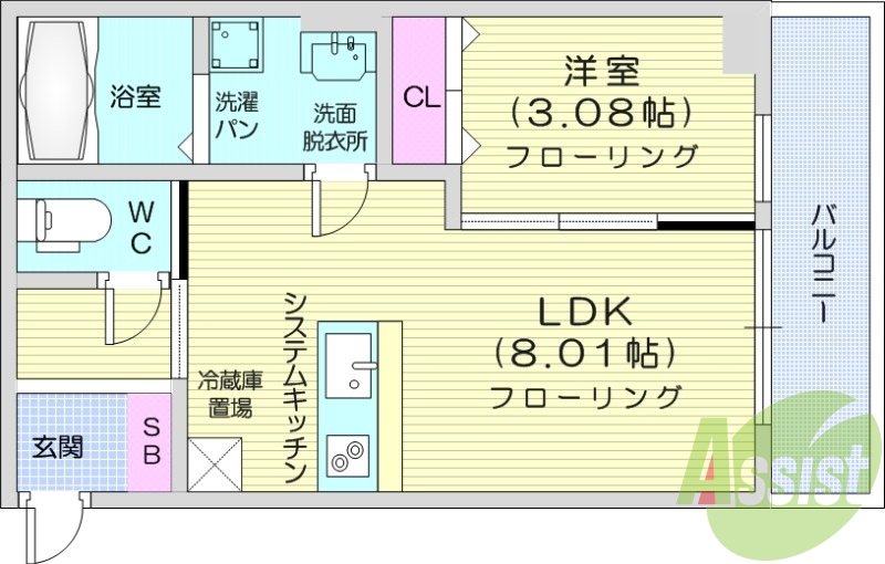 1LDK、フローリング、浴室乾燥機、モニター付き