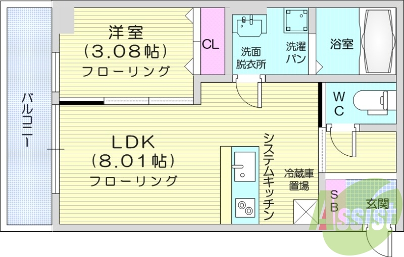 1LDK、フローリング、浴室乾燥機、モニター付きインターホン