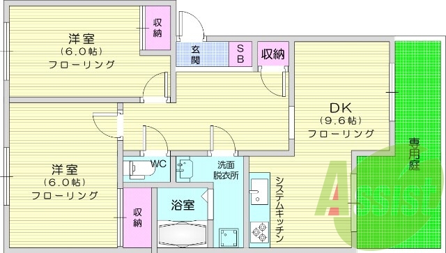 2DK、専用庭、小型犬相談可、全室フローリング、バストイレ別