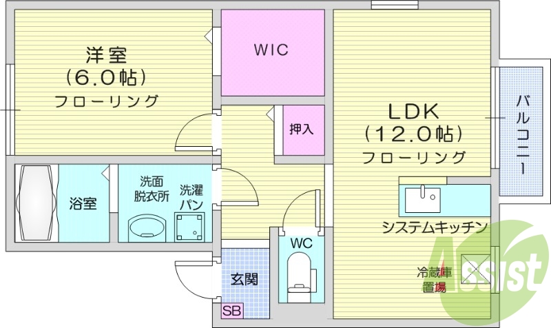 1LDK、ウォークインクローゼット、追い焚き機能付き