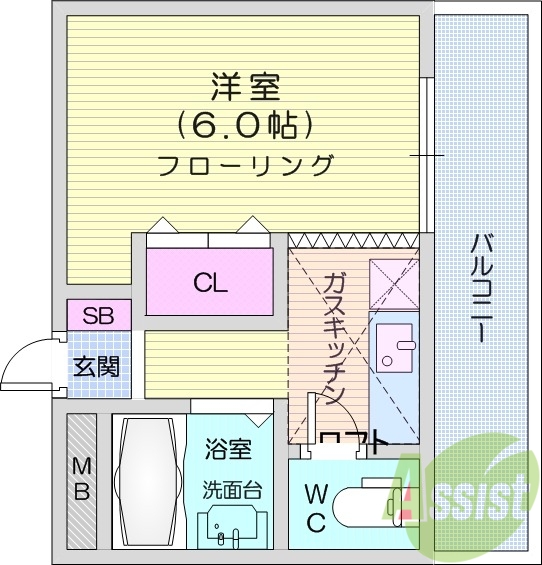 1K、ペット可、ロフト、バストイレ別、鉄骨、宅配ボックス
