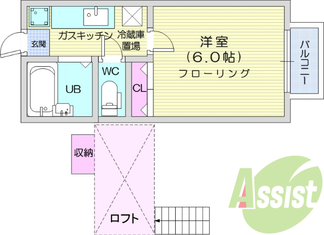 1Ｋ、Ｂ・Ｔ別、エアコン、ロフト付、ＴＶ付インターホン